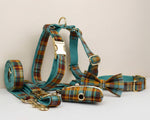 Autumn Blue plaid pet collar, harness, and leash set with bow tie detail