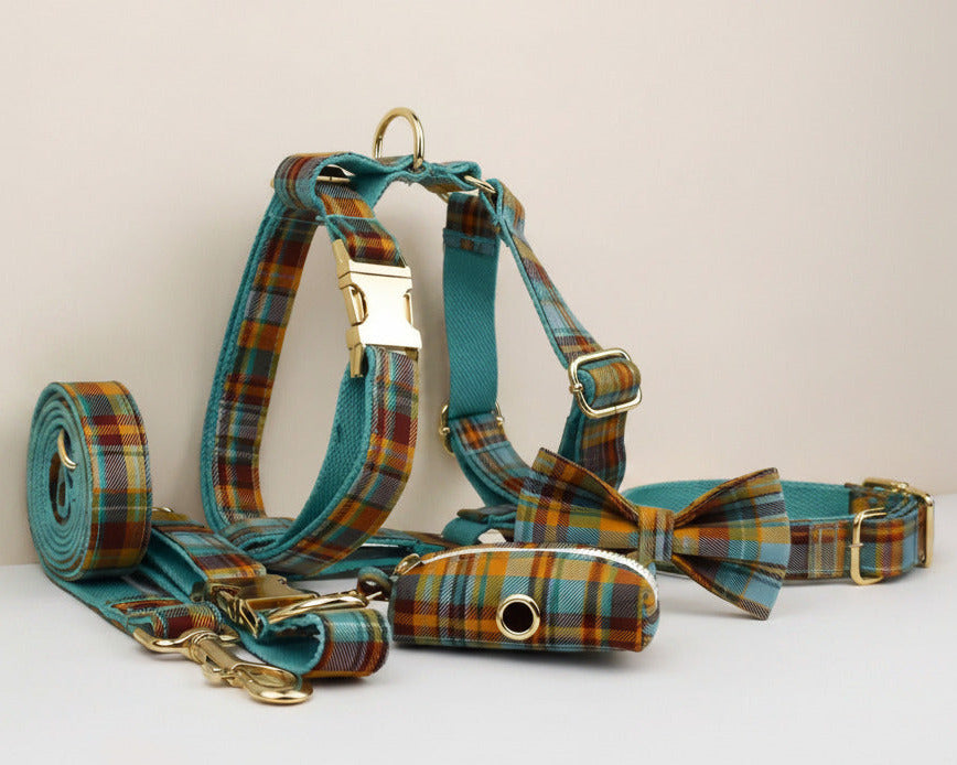 Autumn Blue plaid pet collar, harness, and leash set with bow tie detail