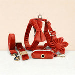 Red velvet pet walking accessories set with harness, collar, leash, bowtie, flower