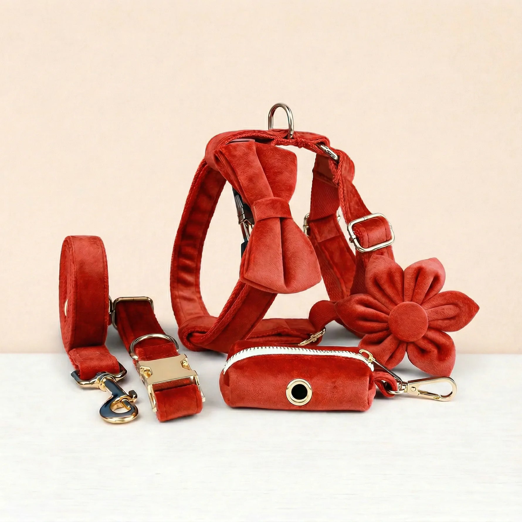 Red velvet pet walking accessories set with harness, collar, leash, bowtie, flower