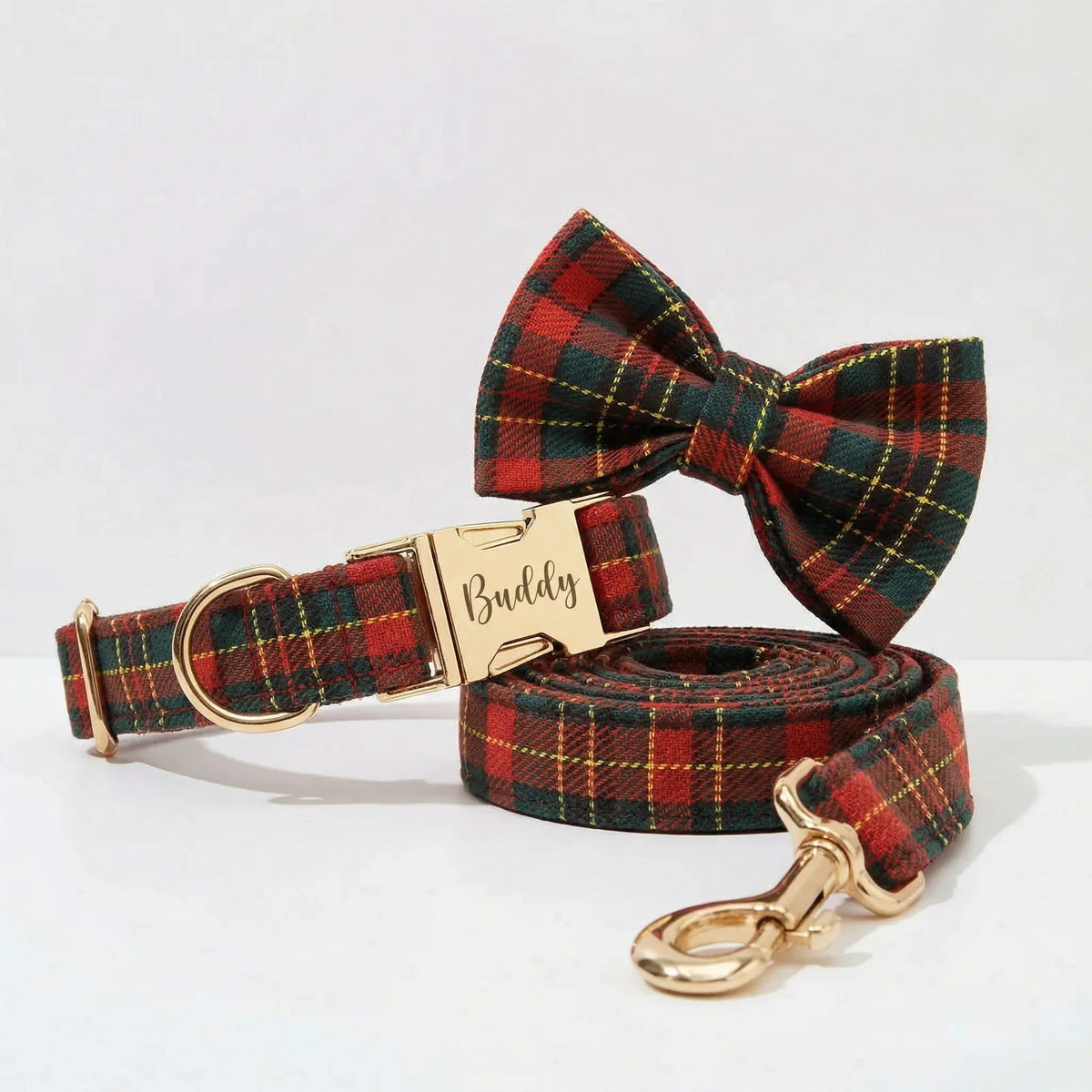 Red and green tartan dog collar and leash set with bow tie and gold-tone ID tag