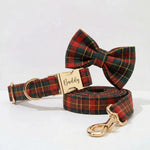 Red and green tartan dog collar and leash set with bow tie and gold-tone ID tag