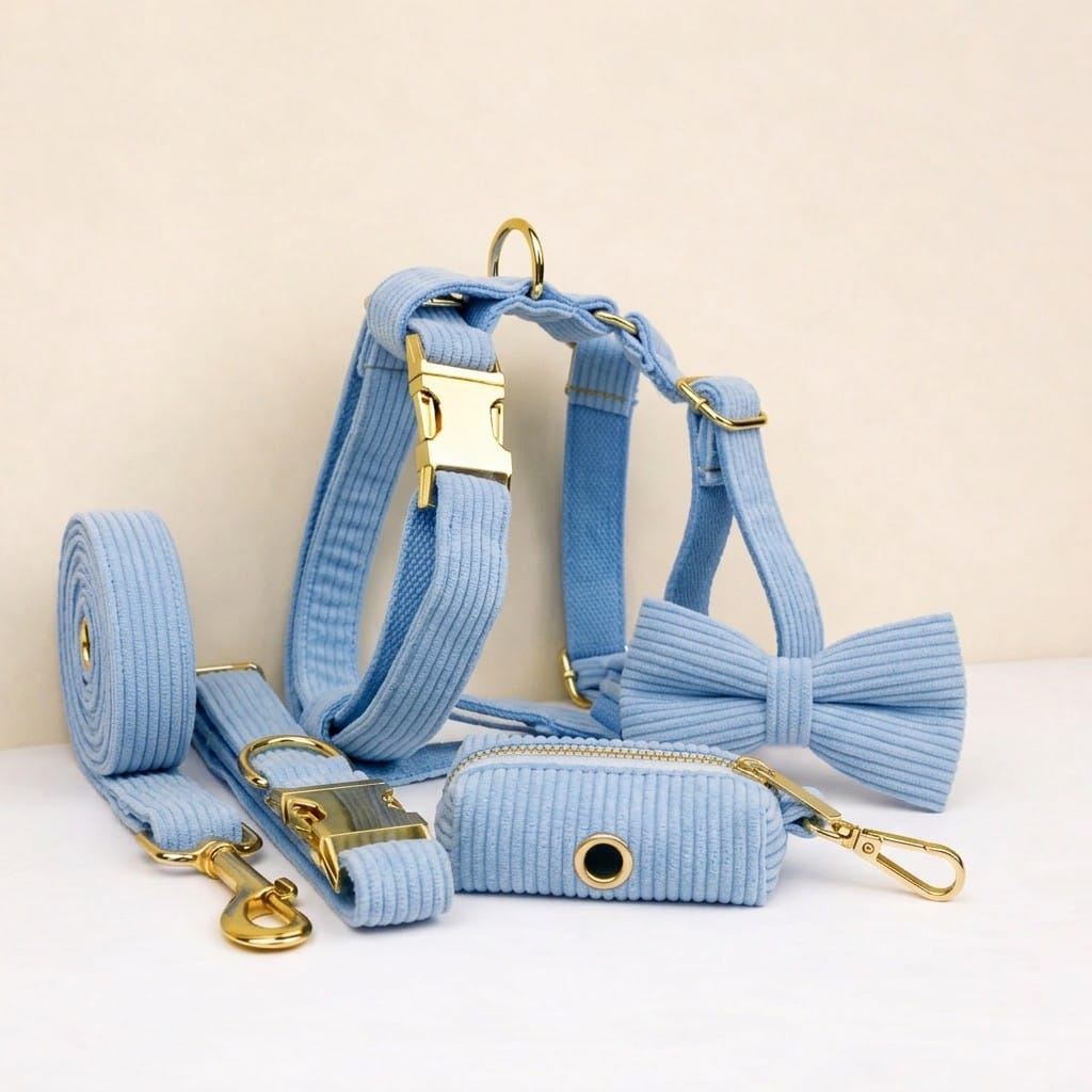 Blue corduroy dog collar, harness, leash, and bowtie set with gold clips