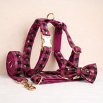 Plaid dog collar, leash, and bowtie set in dark red and black with gold-tone hardware