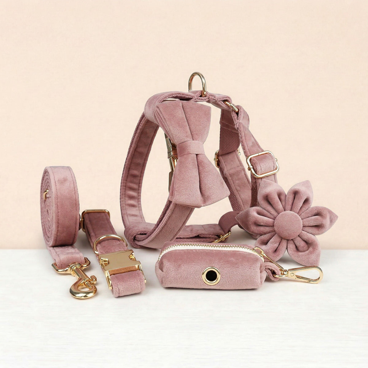Light purple velvet dog collar set with leash, bowtie, flower, and poop bag holder
