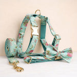 Floral teal dog harness with matching leash and bow tie set