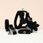 Black velvet dog collar, leash, and harness set with bowtie and poop bag holder