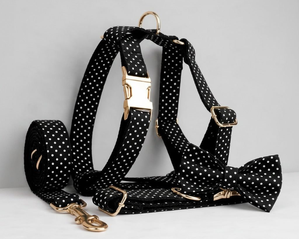 Black polka-dot pet set with harness, collar, bowtie and leash; gold-tone hardware