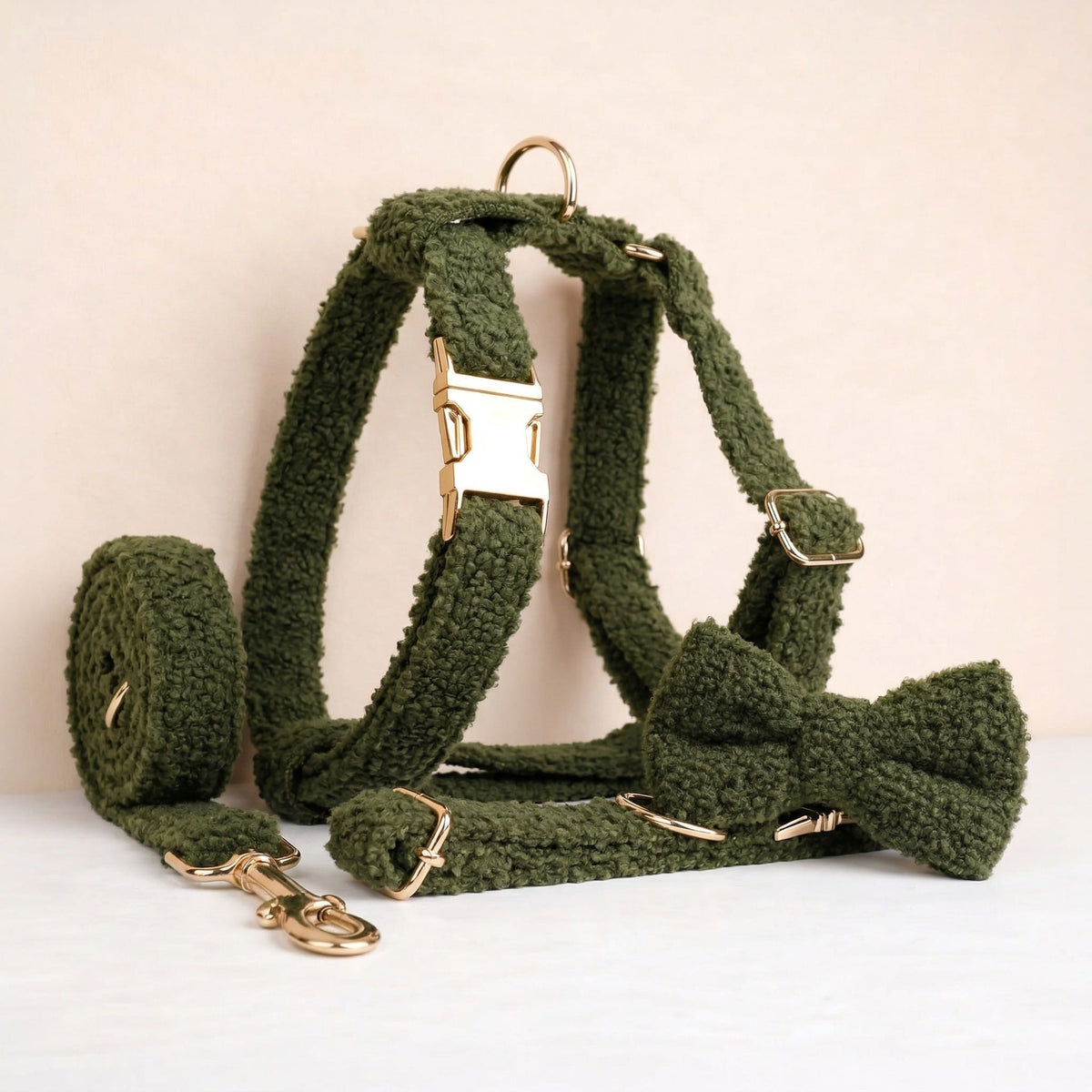 Olive teddy dog collar, leash, and harness set with gold-tone metal clips