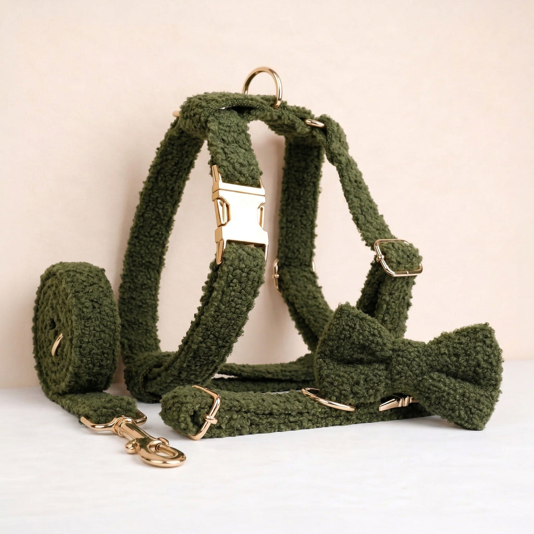 Olive teddy dog collar, leash, and harness set with gold-tone metal clips