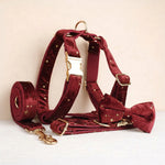 Burgundy velvet dog collar and bowtie set with gold star accents and metal clips