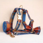 Plaid dog harness with collar and leash set, blue and rust tones, gold hardware