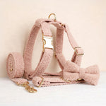 Blush pink teddy dog set with collar, leash, harness, bowtie and gold hardware
