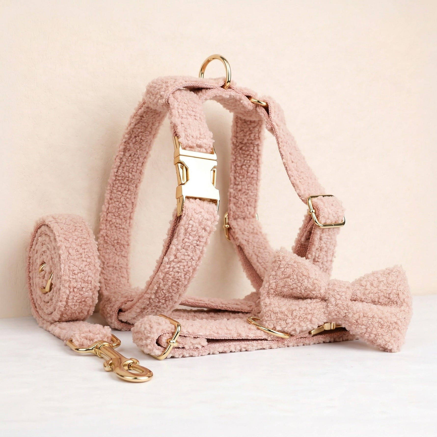 Blush pink teddy dog set with collar, leash, harness, bowtie and gold hardware