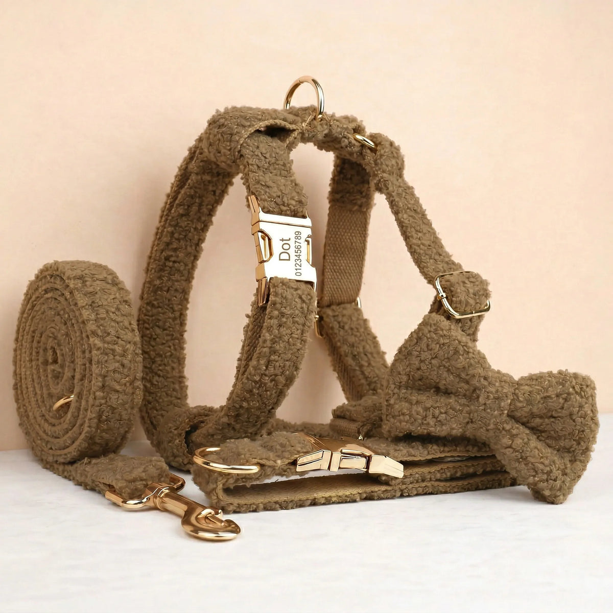 Brown teddy dog collar, leash, harness set with detachable bowtie and gold hardware