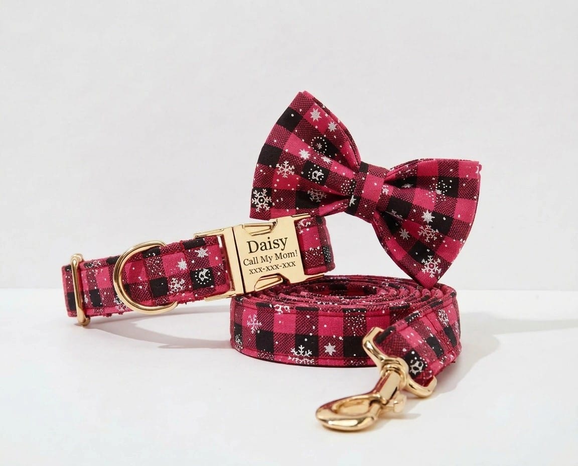 Plaid dog collar, leash, and bowtie set with gold-tone hardware in dark red and black