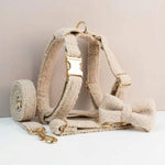 Beige teddy dog harness set with collar, leash, and matching plush accents