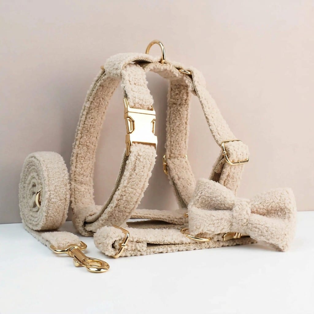 Beige teddy dog harness set with collar, leash, and matching plush accents