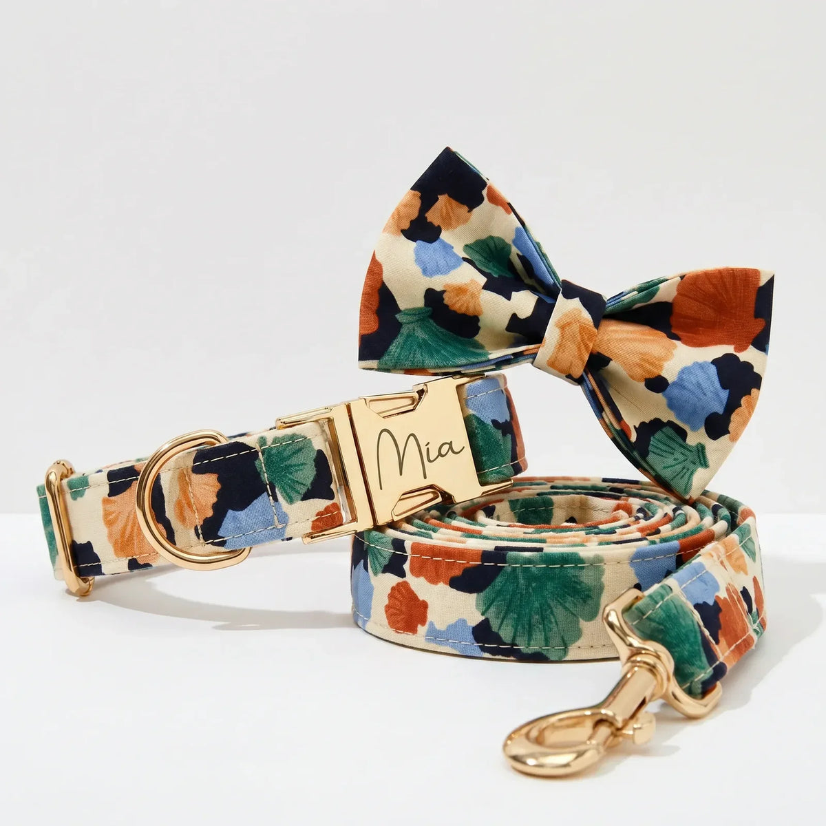 Floral dog collar and leash set with matching bowtie and personalized nameplate