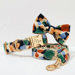 Floral dog collar and leash set with matching bowtie and personalized nameplate