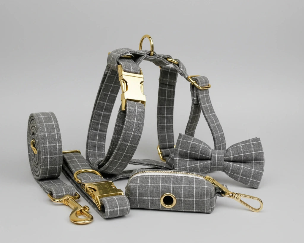 Graues Karomuster-Set mit Hundegeschirr, Leine, Halsband und Fliege; goldfarbene Beschläge