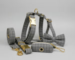 Graues Karomuster-Set mit Hundegeschirr, Leine, Halsband und Fliege; goldfarbene Beschläge