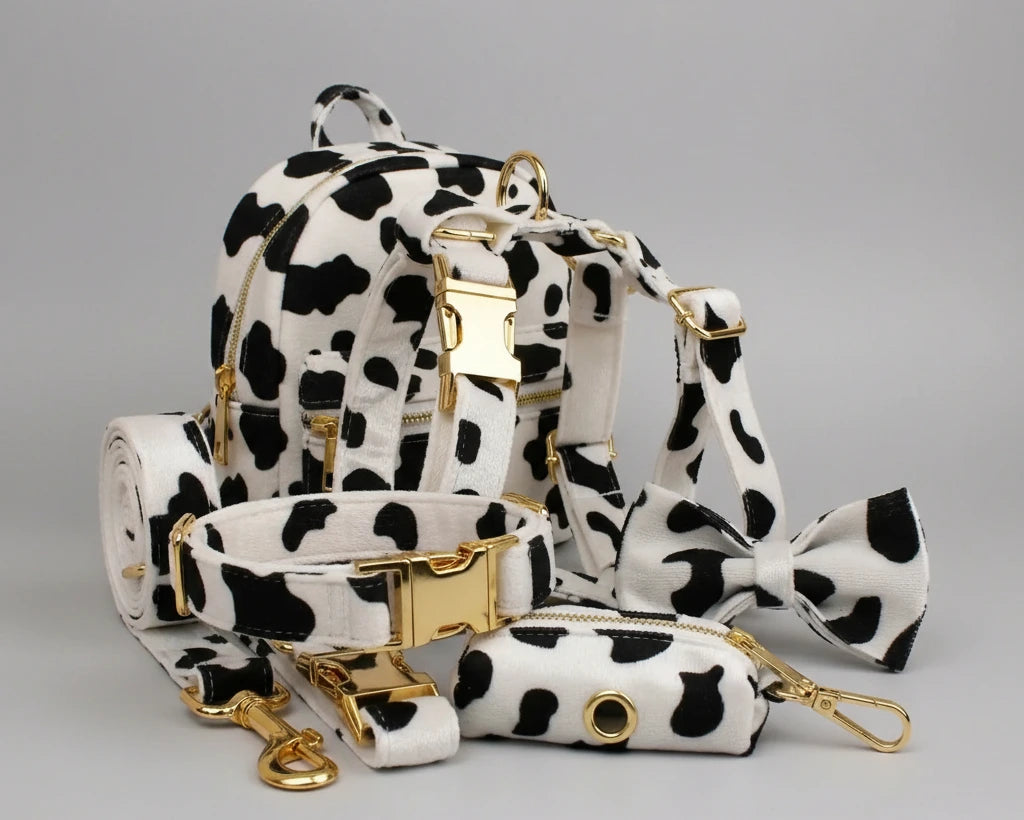 Pet set with collar, harness, leash and bow tie in white with black spots, gold hardware