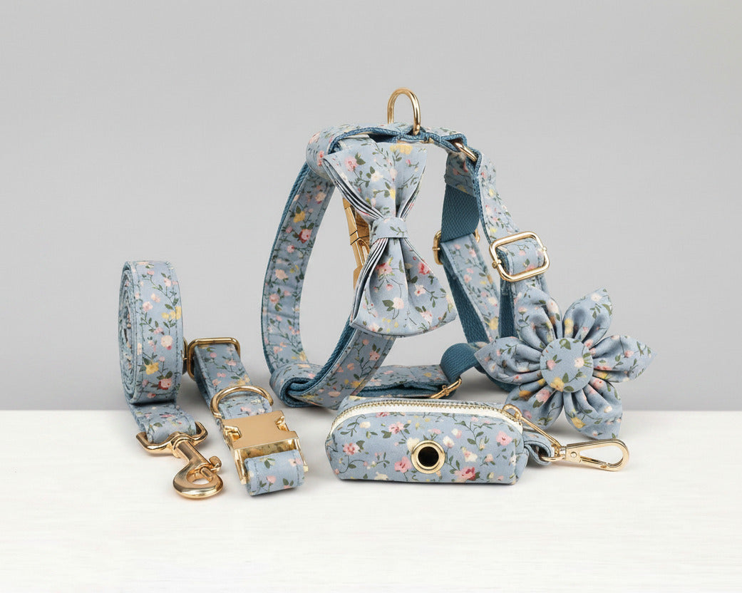 Dusty blue floral dog set with bowtie, harness, leash, flower and waste bag holder