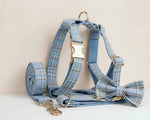 Blue plaid pet harness with matching leash and bow tie, gold buckles