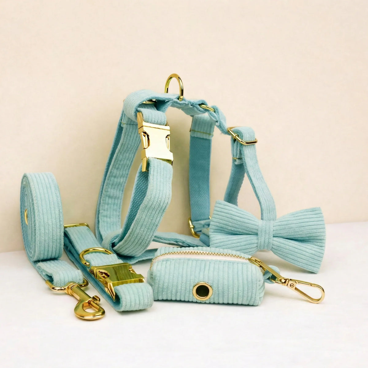 Turquoise corduroy dog collar set with bowtie, leash, and matching accessories
