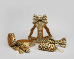 Velvet leopard pet set with harness, collar, bow tie, leash, and poop bag