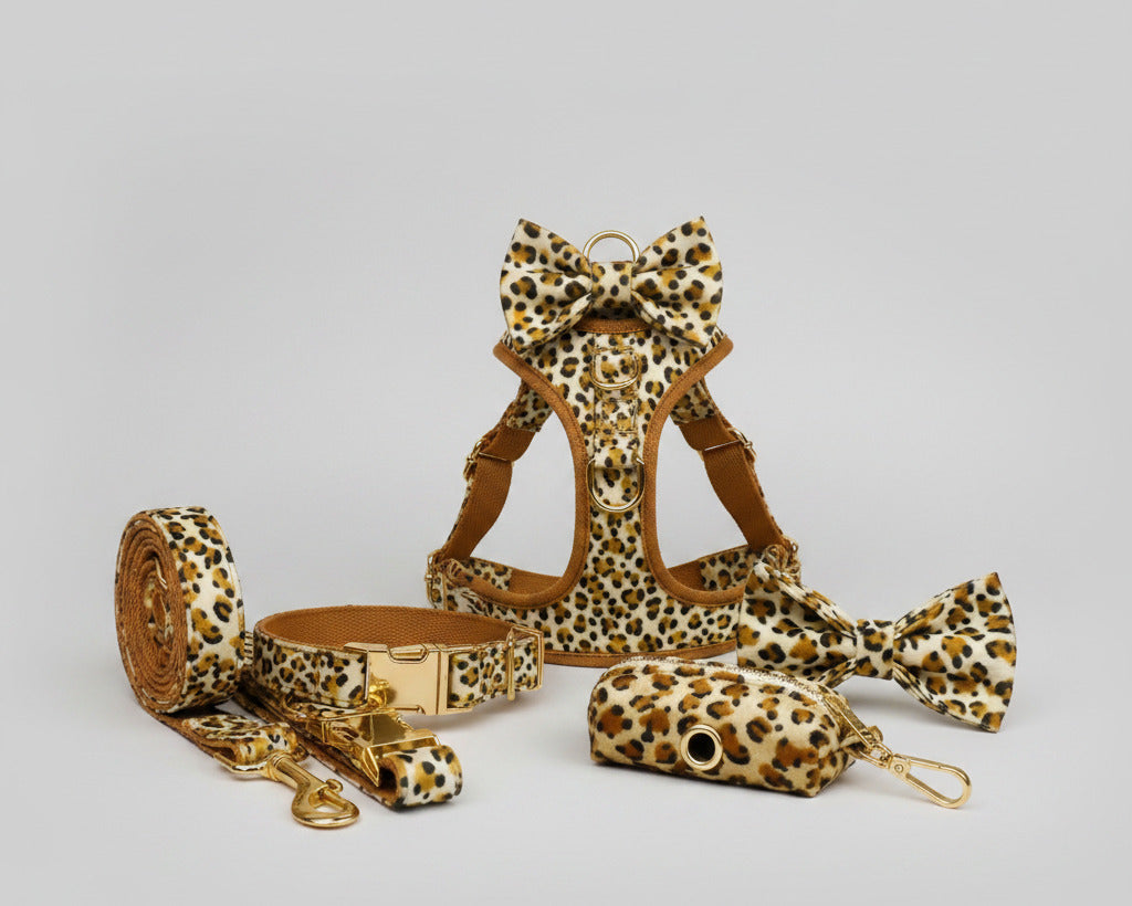 Velvet leopard pet set with harness, collar, bow tie, leash, and poop bag