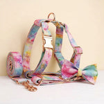 Pet collar and leash set with rainbow watercolor print and rose-gold hardware