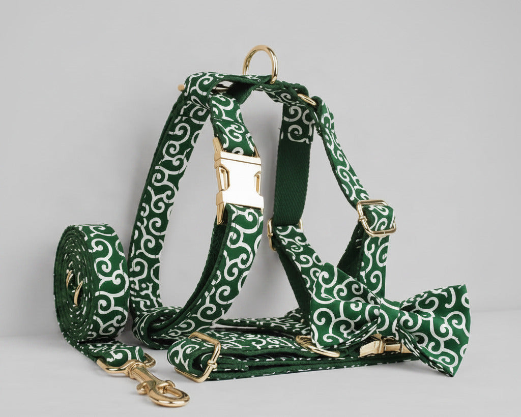 Emerald swirl dog harness with gold hardware, patterned straps and front ring