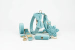 Turquoise velvet bowtie collar set with matching leash and flower accent