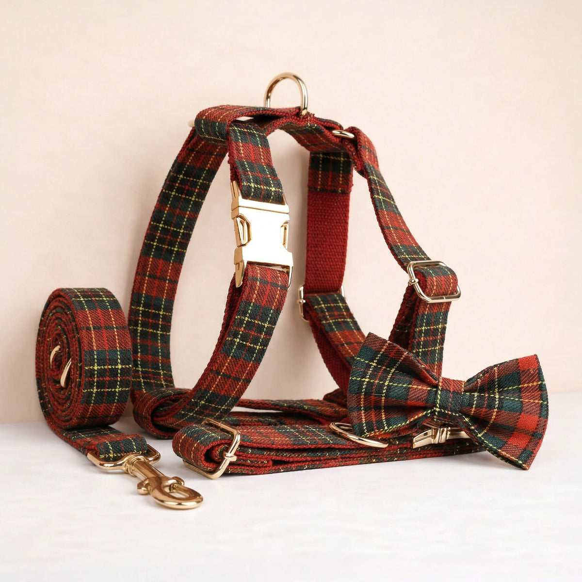 Red and green tartan dog collar, harness, leash set with bow tie