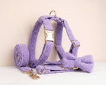 Purple teddy harness set with gold buckles, D-rings, and matching leash