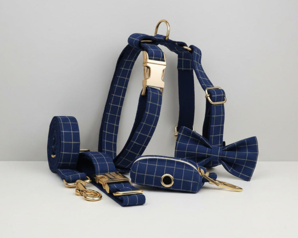 Plaid dark blue set with harness, leash, collar and bowtie, matching hardware