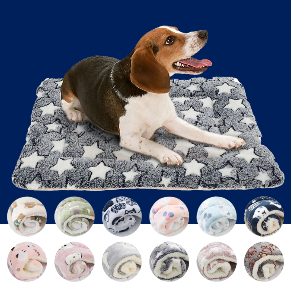 Flannel pet sleeping mat, grey with white star print, flat fold and rounded edges