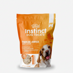 Freeze-dried beef liver dog treats bag, Wild Instinct front label and dog photo