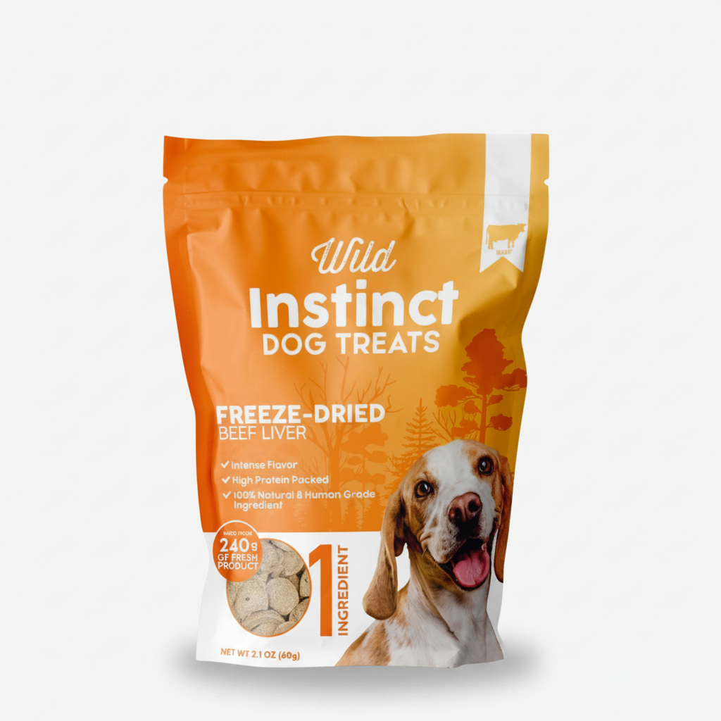 Freeze-dried beef liver dog treats bag, Wild Instinct front label and dog photo