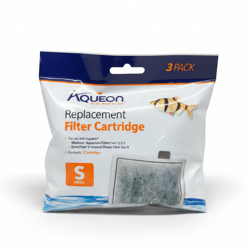 Replacement filter cartridge pouch with Aqueon logo and gray square filter media