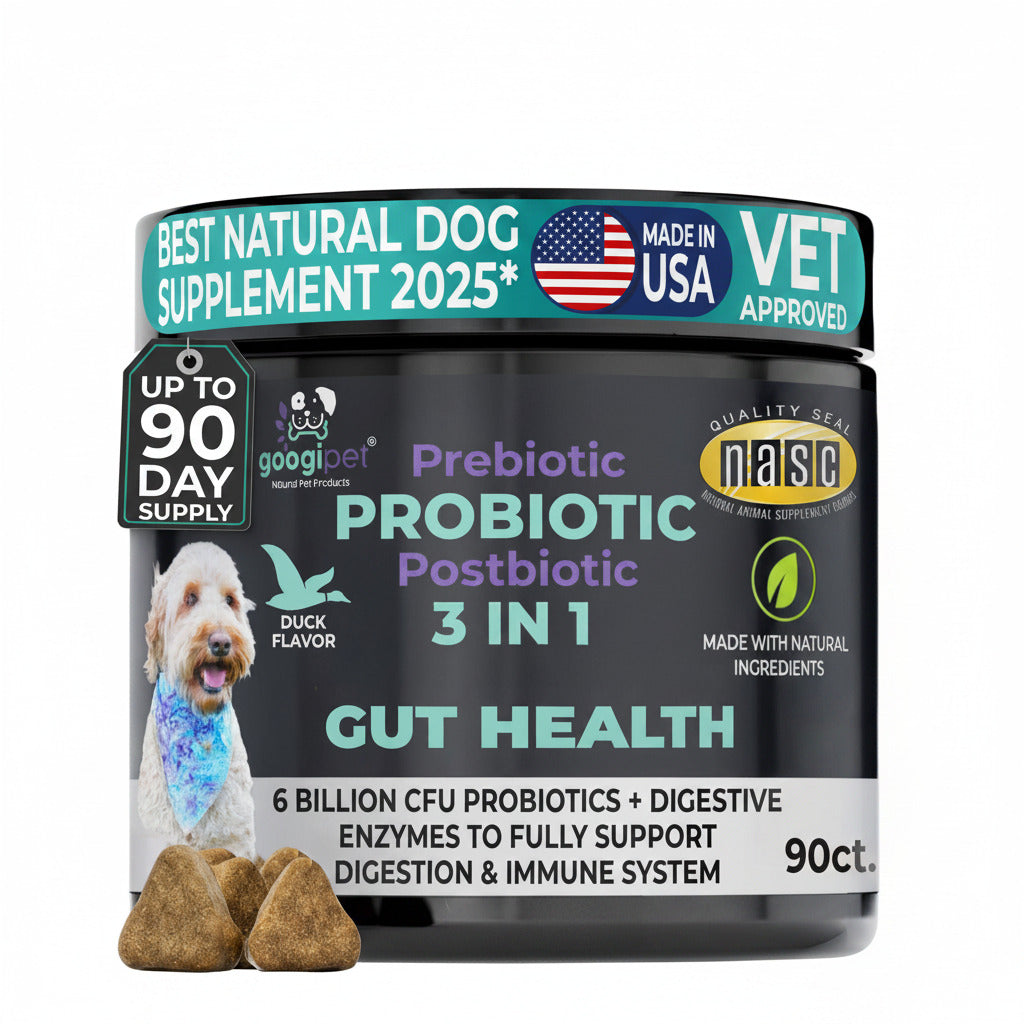 Probiotic dog chew tub, black prebiotic/probiotic 3-in-1 jar with chew pieces