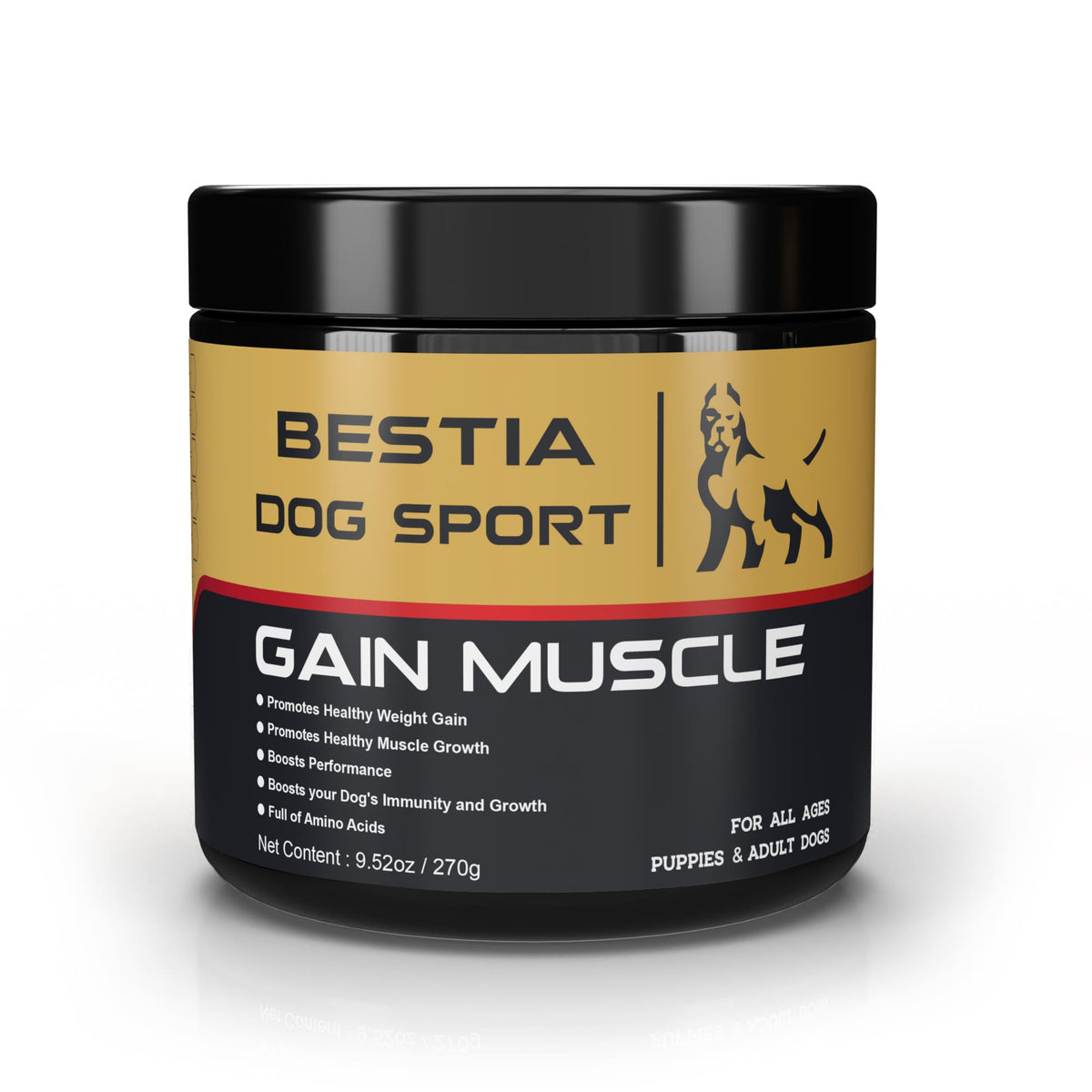 Bestia Dog Sport Gain Muscle supplement jar, black and gold label