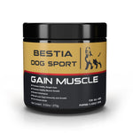 Bestia Dog Sport Gain Muscle supplement jar, black and gold label