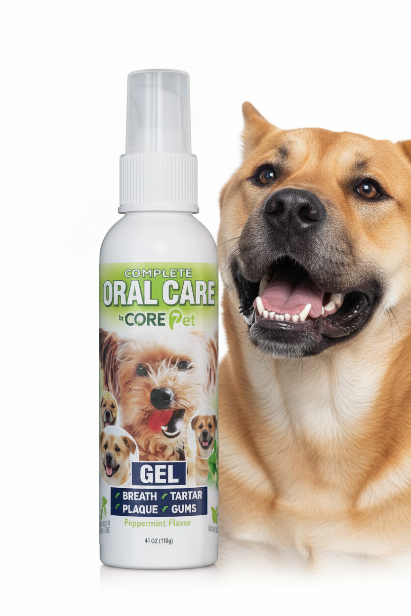 Dog oral care gel bottle with mint flavor, pump sprayer, 4 oz.
