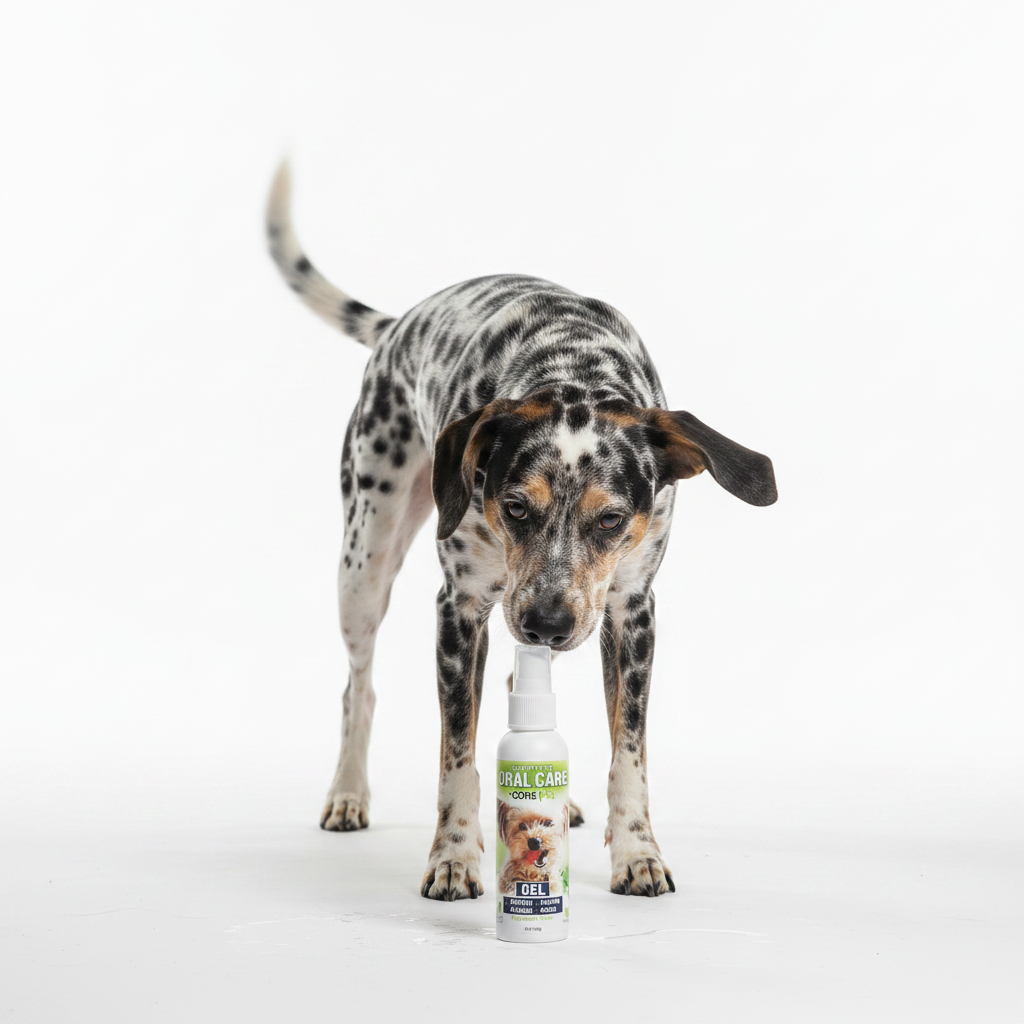 Pet oral care gel bottle with mint flavor, in front of a standing dog.