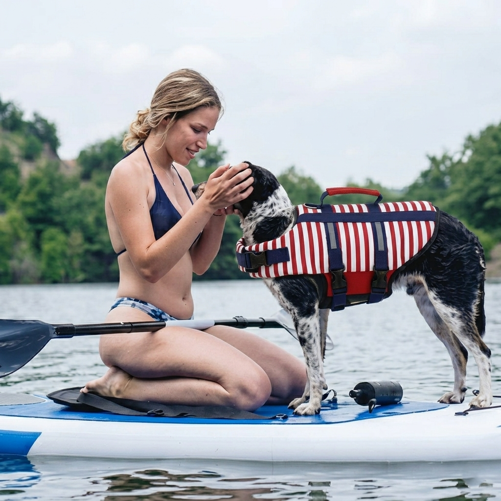Dog life jacket with red-and-white stripes, navy harness straps, and safety handle