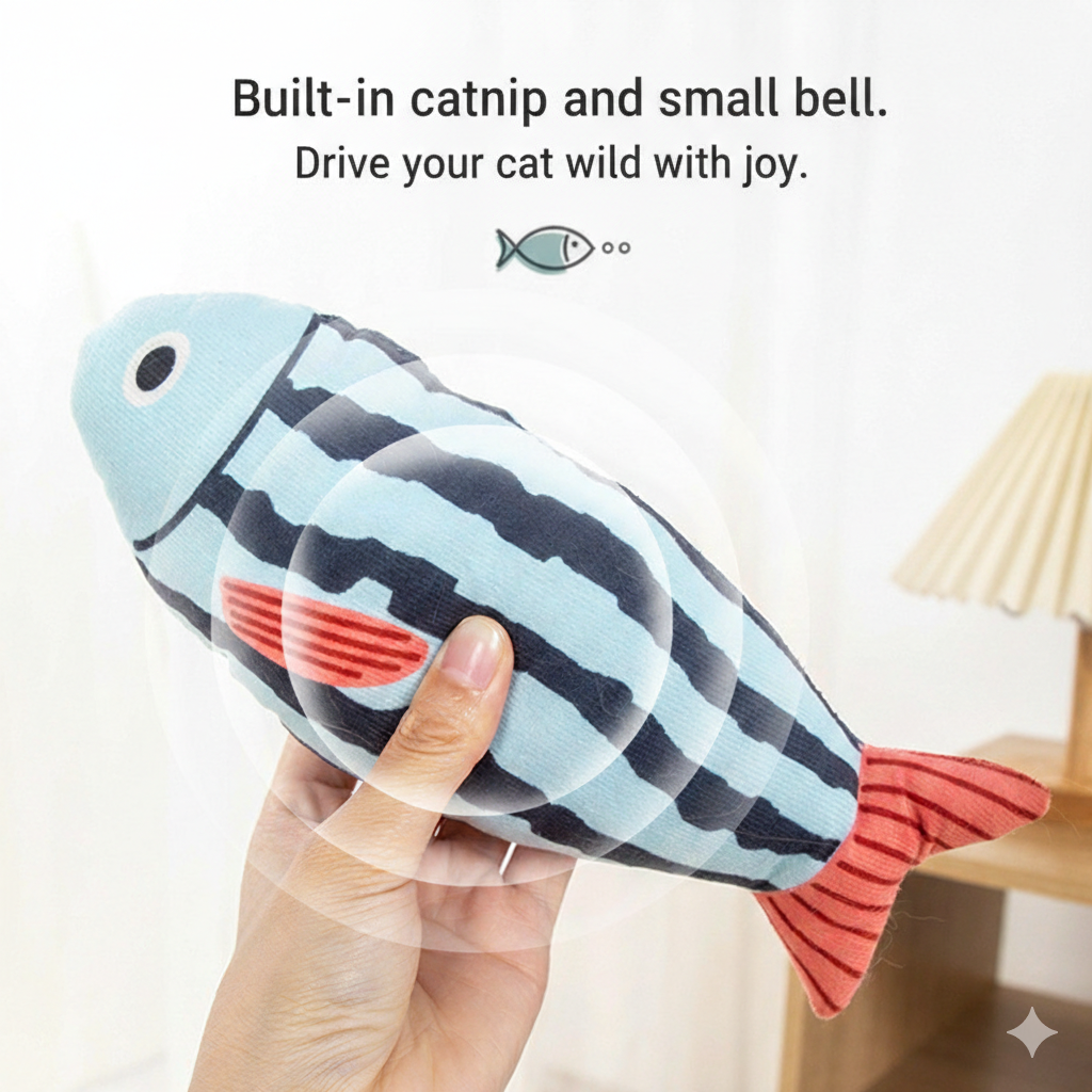 Blue and black striped catnip fish plush with built-in bell; held in hand