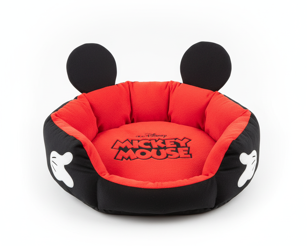 Round red and black pet bed with Mickey Mouse logo, dark ear-shaped bolsters